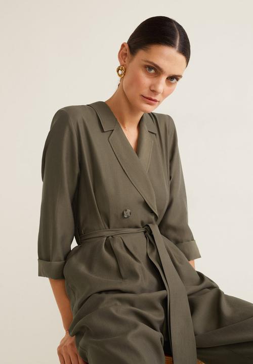 MANGO - Long collared jumpsuit with tie waist - khaki