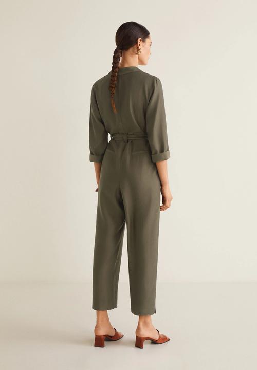 MANGO - Long collared jumpsuit with tie waist - khaki