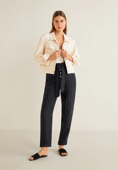MANGO - Pinstripe linen trouser - black