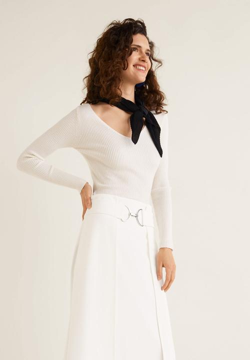 MANGO - Belted midi panel skirt - white
