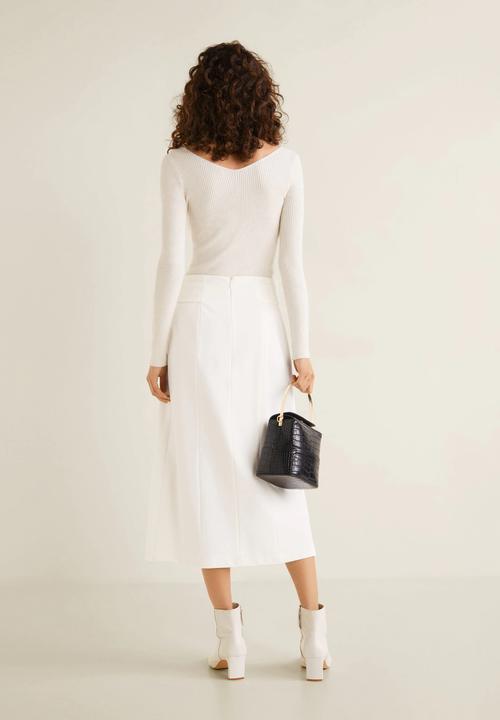 MANGO - Belted midi panel skirt - white