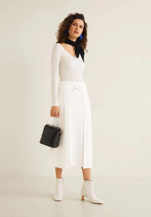 MANGO - Belted midi panel skirt - white