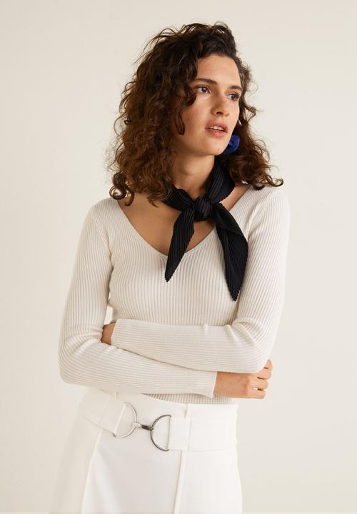 MANGO - Belted midi panel skirt - white