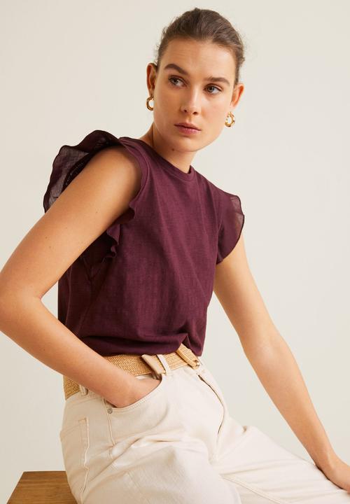 MANGO - Ruffled short sleeve T-shirt - burgundy