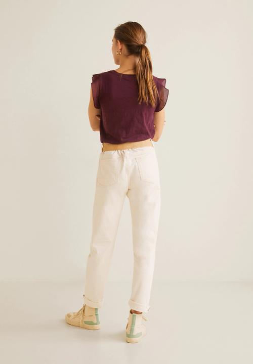 MANGO - Ruffled short sleeve T-shirt - burgundy