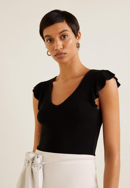 MANGO - Ruffled sleeve round-neck T-shirt - black
