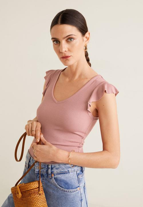 MANGO - Ruffled sleeve round-neck T-shirt - pink