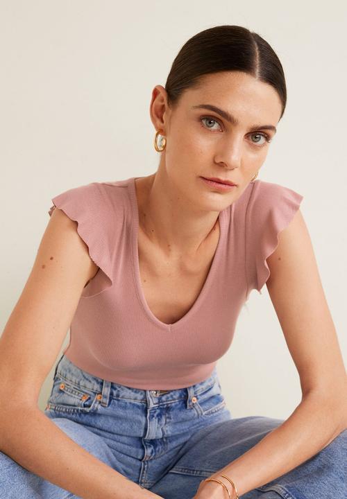 MANGO - Ruffled sleeve round-neck T-shirt - pink