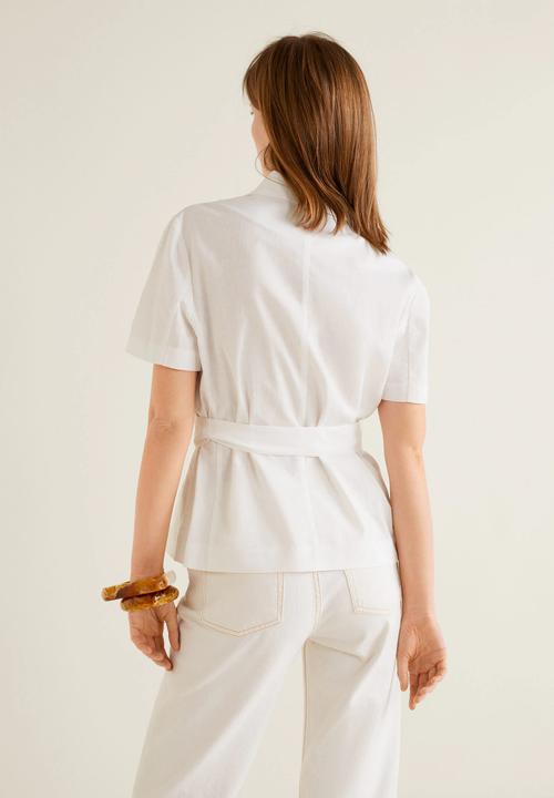 MANGO - Lightweight cotton blouse with tie waist - white