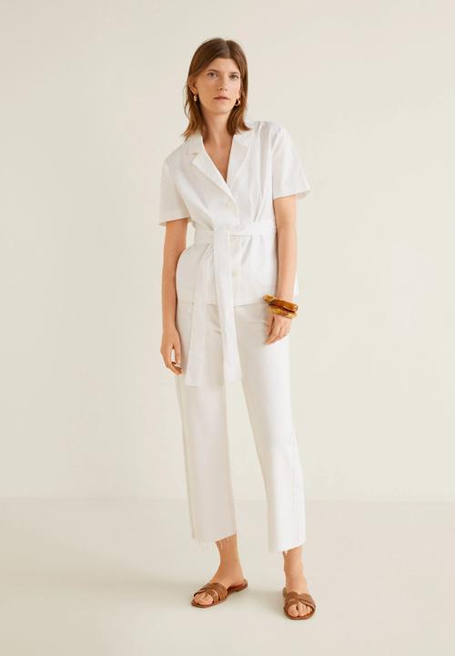MANGO - Lightweight cotton blouse with tie waist - white