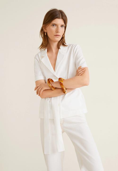 MANGO - Lightweight cotton blouse with tie waist - white