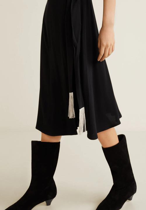MANGO - Kimono dress with fringed belt - black