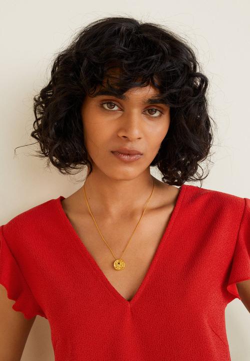 MANGO - Ruffle sleeve v-neck T-shirt - red
