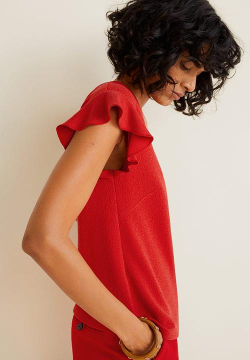 MANGO - Ruffle sleeve v-neck T-shirt - red