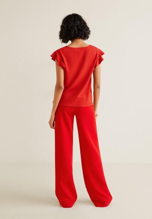 MANGO - Ruffle sleeve v-neck T-shirt - red