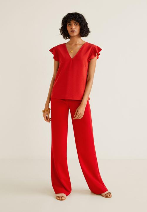 MANGO - Ruffle sleeve v-neck T-shirt - red