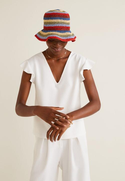 MANGO - Ruffle sleeve v-neck T-shirt - white
