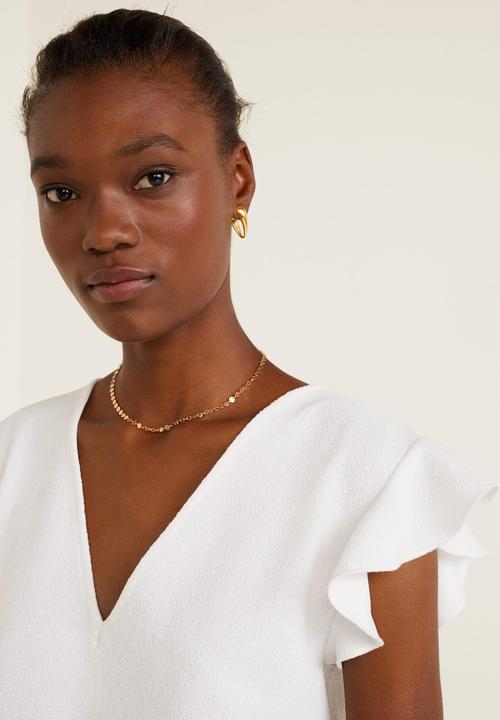 MANGO - Ruffle sleeve v-neck T-shirt - white