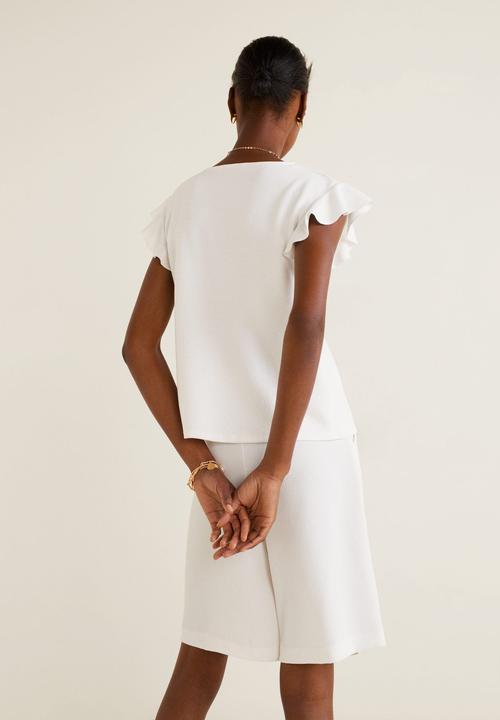 MANGO - Ruffle sleeve v-neck T-shirt - white