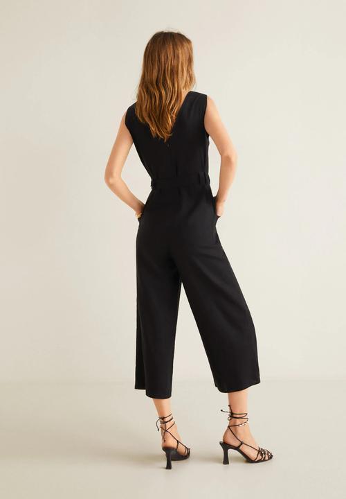 MANGO - Long linen-blend tie waist jumpsuit - black
