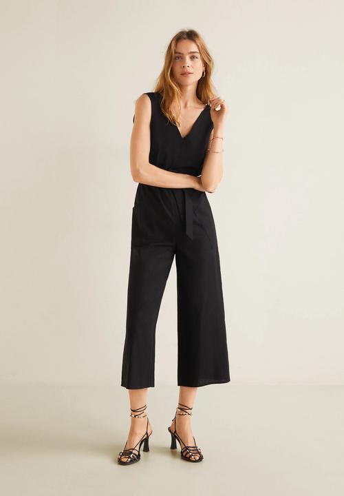 MANGO - Long linen-blend tie waist jumpsuit - black
