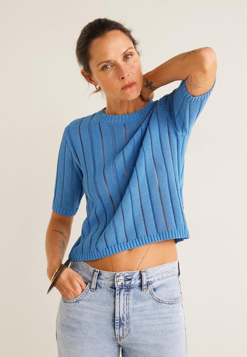 MANGO - Openwork detail knit top - blue