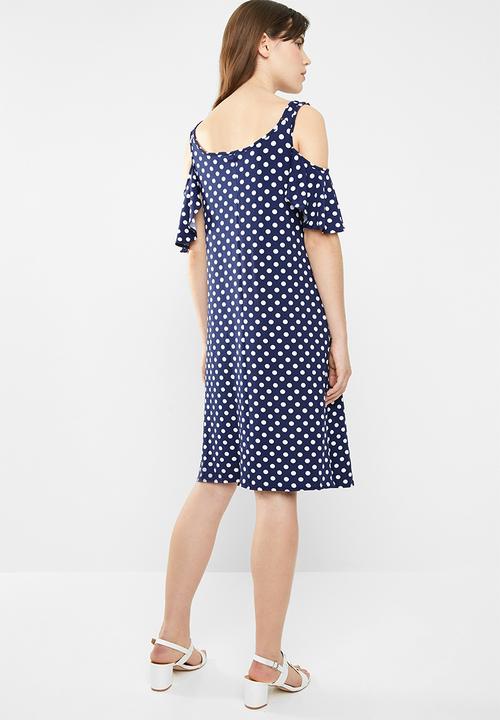 edit - Flutter sleeve cold shoulder dress - navy & white