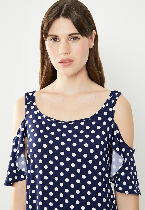 edit - Flutter sleeve cold shoulder dress - navy & white