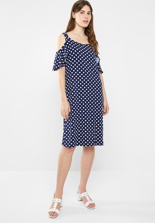 edit - Flutter sleeve cold shoulder dress - navy & white