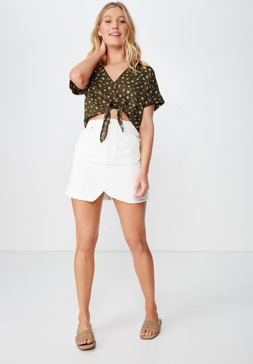 Cotton On - Tilly tie front cropped shirt - green & white