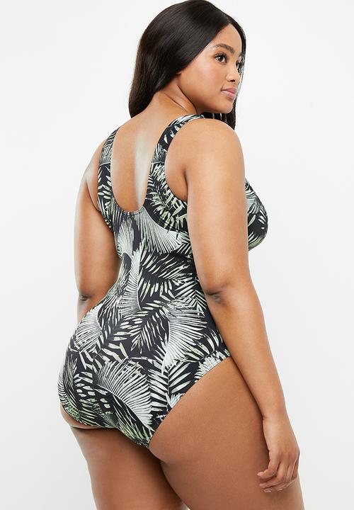 Jacqueline Plus - Key hole detail palm print one piece - black & green 