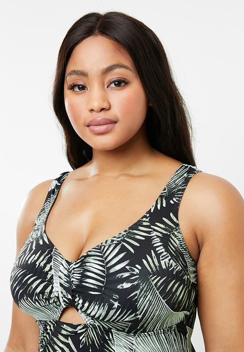 Jacqueline Plus - Key hole detail palm print one piece - black & green 