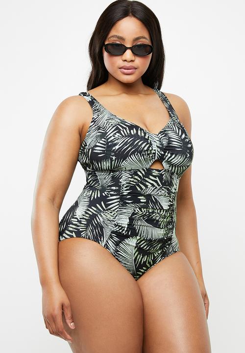 Jacqueline Plus - Key hole detail palm print one piece - black & green 