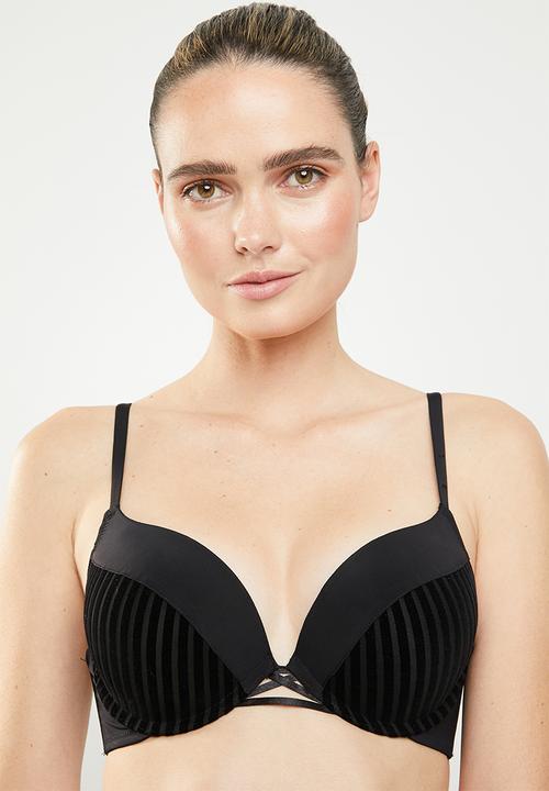 New Look - Flock stripe boost bra - black
