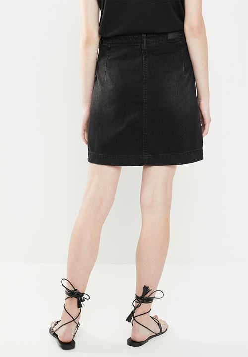 Jacqueline de Yong - Sara button through denim a line skirt - black