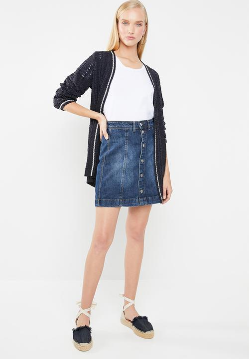 Jacqueline de Yong - Sara button through denim a line skirt - blue