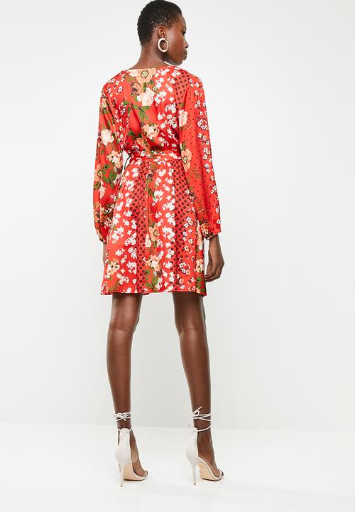 Revenge - Long sleeve contrast wrap dress - red