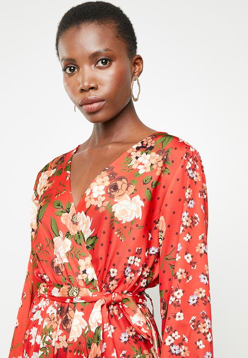 Revenge - Long sleeve contrast wrap dress - red