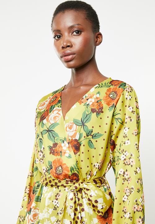 Revenge - Long sleeve contrast wrap dress - yellow
