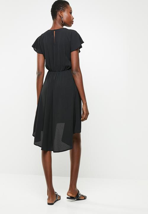 Revenge - Flutter sleeve hi low dress - black