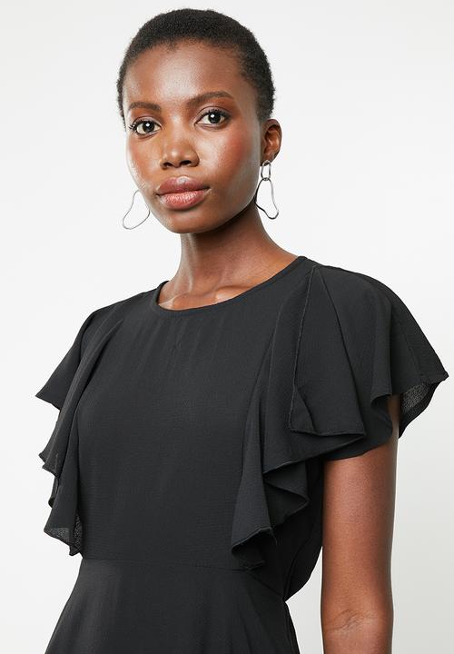 Revenge - Flutter sleeve hi low dress - black