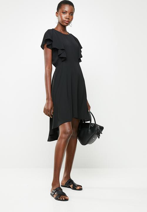 Revenge - Flutter sleeve hi low dress - black