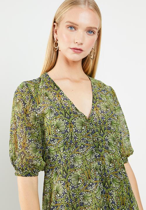 MANGO - Flared floral print dress - green & blue 