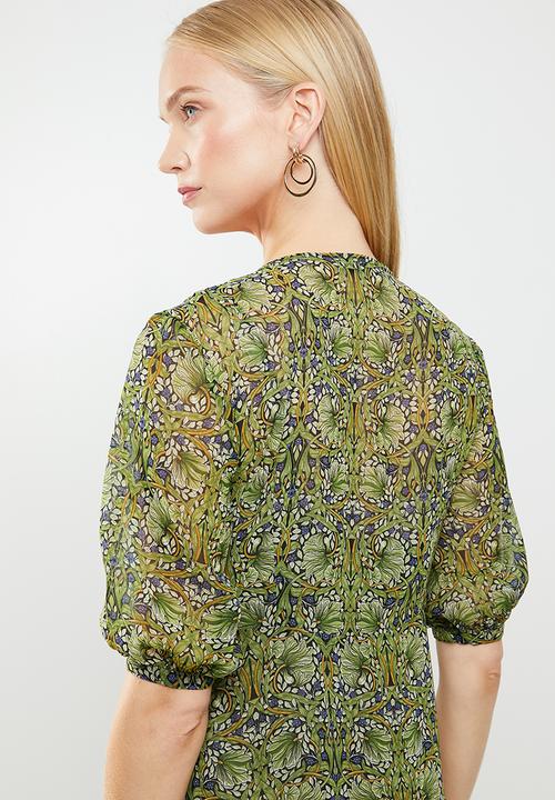 MANGO - Flared floral print dress - green & blue 