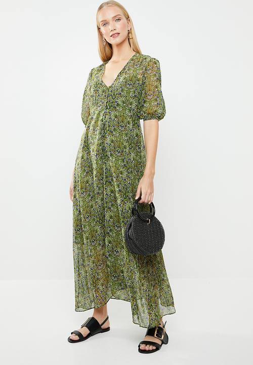 MANGO - Flared floral print dress - green & blue 