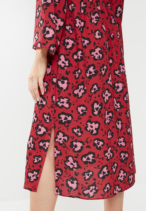 MANGO - Printed crepe dress - red & pink 