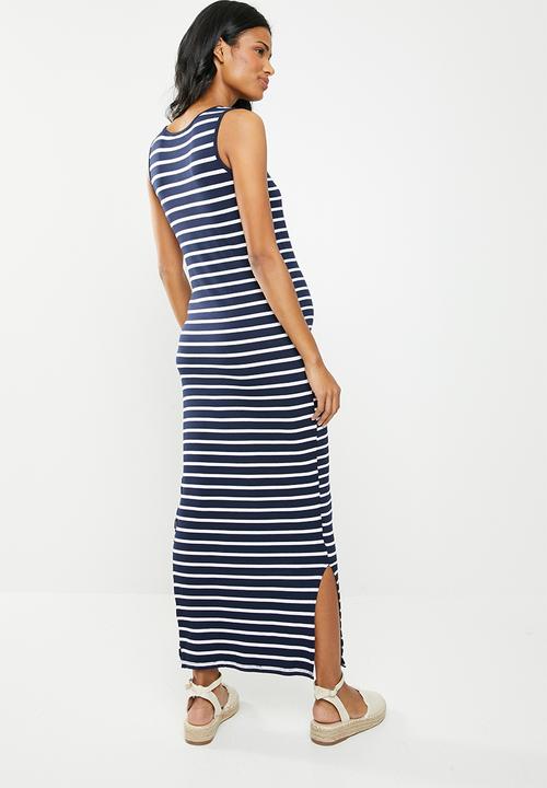 Cherry Melon - Maternity Maxi tank dress with side slit - navy & white