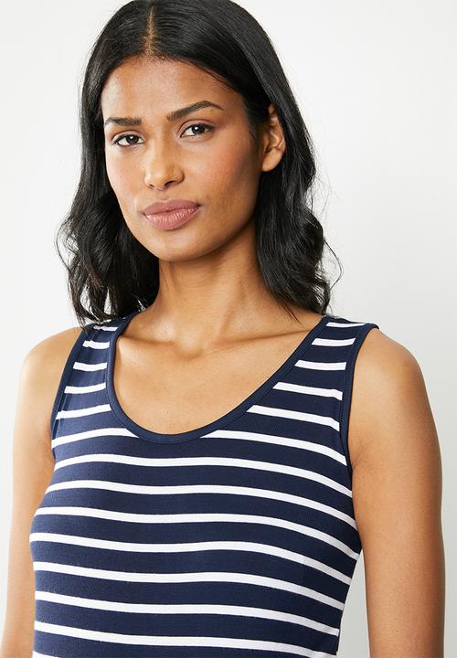 Cherry Melon - Maternity Maxi tank dress with side slit - navy & white