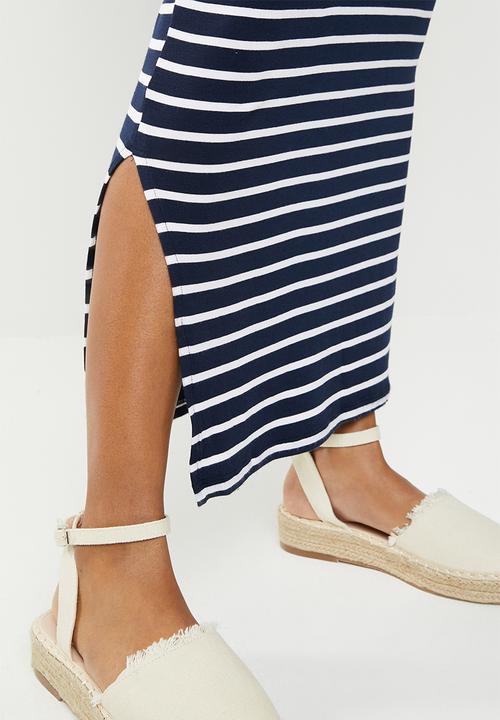 Cherry Melon - Maternity Maxi tank dress with side slit - navy & white