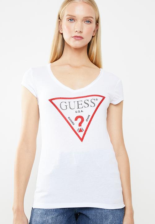 GUESS - Short sleeve bling logo v neck tee - white